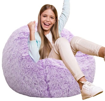 Fluffy Bean Bag Chair for Kids, 2.5FT Round Memory Foam Filled 2.5 FT Purple