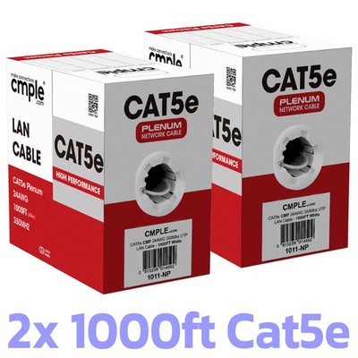 2 Pack Cat5e Plenum Ethernet Cable 1000ft CMP Solid 24AWG UTP High Speed White