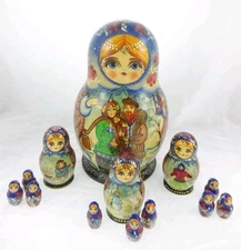 13pc Set Matryoshka Signed 6.75" Winter Themed Russian Nesting Dolls Snowman