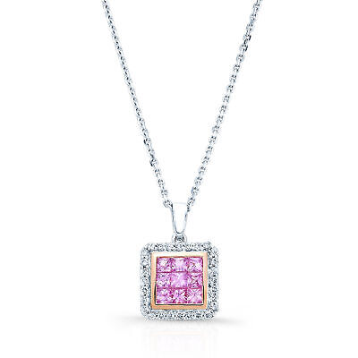 0 77 Tcw 14k Two Tone Gold Natural Princess Cut Pink Sapphire - Natural Sapphire Diamond Pendant 0 77 Tcw 14k Two Tone Gold Natural Princess Cut Pink Sapphire - Natural Sapphire Diamond Pendant