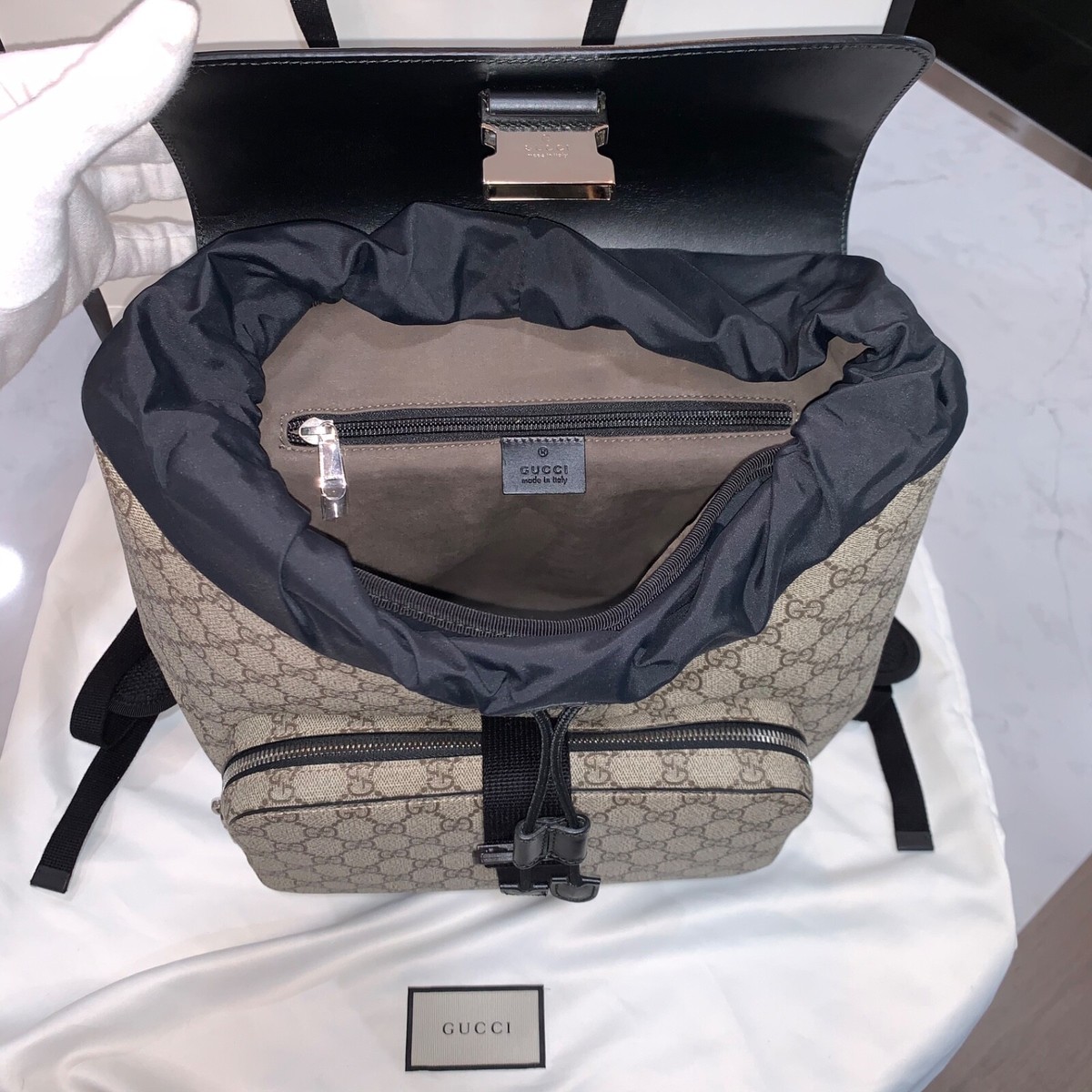Gucci GG Supreme Backpack in Vinyl & Black Leather