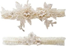 Bride Wedding Garter Set Flower Lace Appliques with Beaded Bridal Shower Gart...