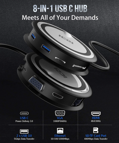 ICZI USB C Hub, 8-in-1 Type C Adapter, 2*USB 3.0 Ports,VGA,HDMI,TF/SD Card Reade - Picture 2 of 12