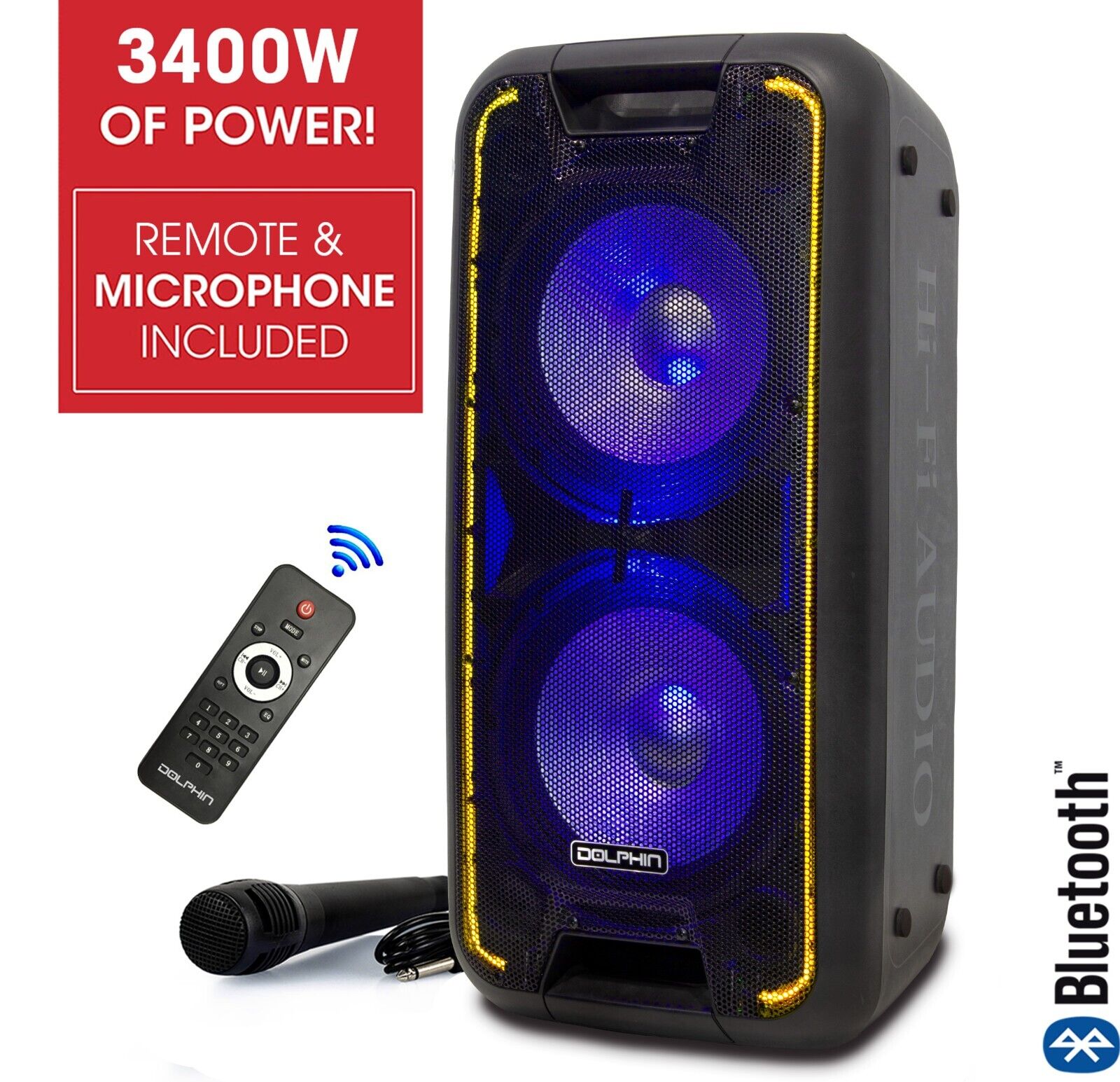 Dolphin SP-210RBT Dual 10" Karaoke Bluetooth Party Speaker with Wired Microphone