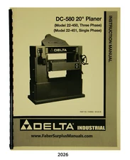Delta DC-580 20" Planer 22-450 & 22-451 Instruction & Parts Manual #2026
