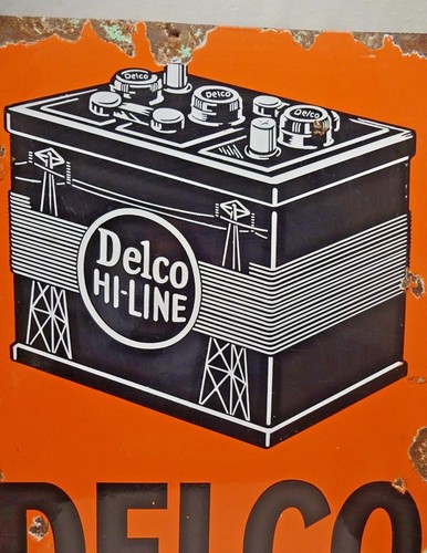 Insegna Smaltata Porcellana Delco Vintage Batteria Pubblicità Doppia Faccia Garag 24x18 - Foto 5 di 8