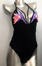 PINK Victoria's Secret Black Strappy Plunge Appliqu One Piece Swim Suit Small S