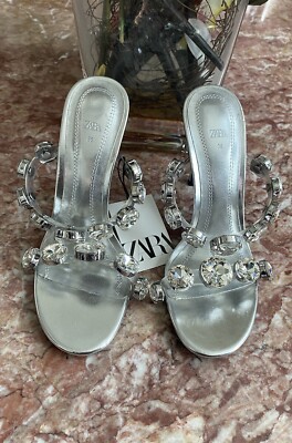 ZARA エナメルモカシン NWT Zara Rhinestones Crystals Embellished Mules Silver Heels