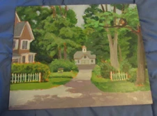 Painting of house & garage Acrylic Slate Board; 12" x 15", Artist Unknown