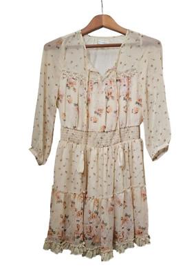 Coco + Jaimeson Womens Floral Tassels Chiffon Waist Dress Sz Medium Pale Yellow