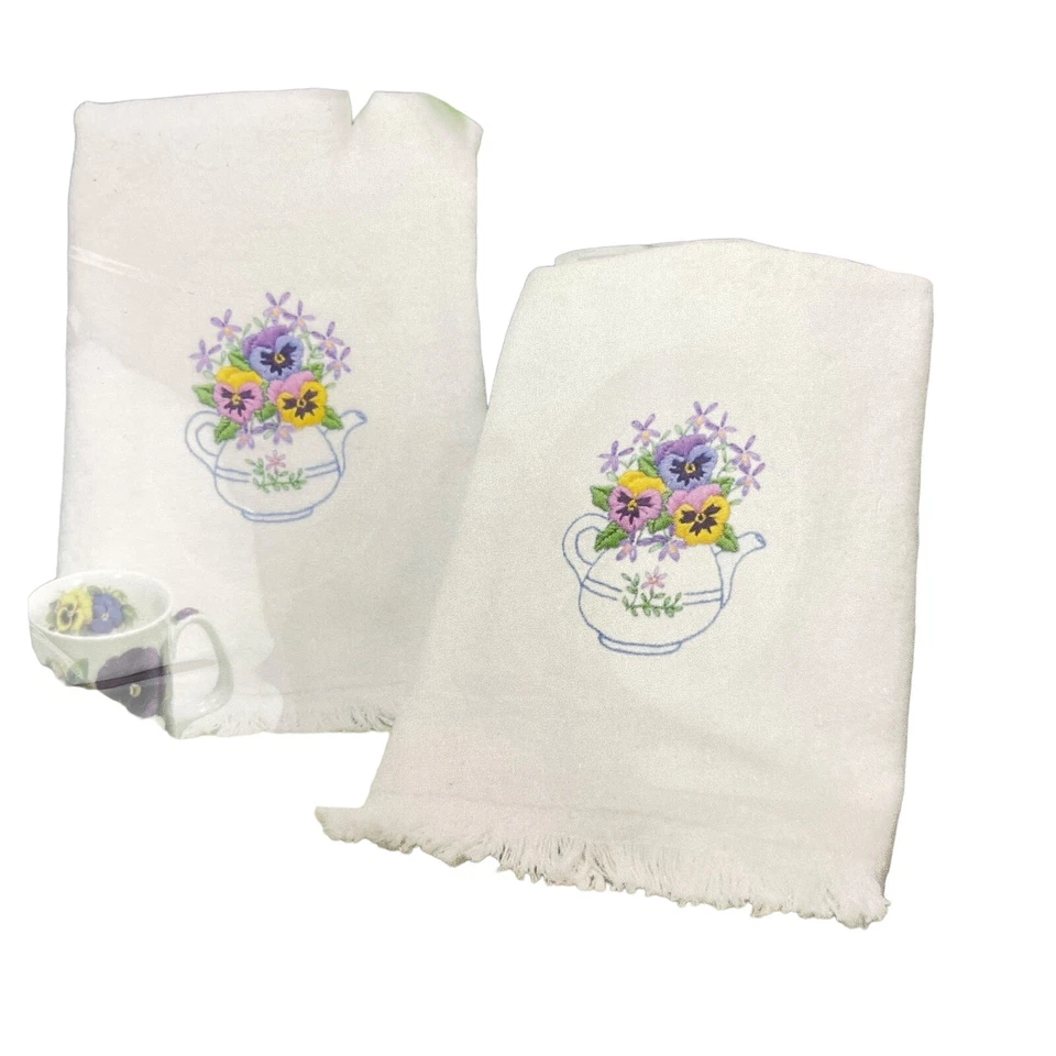 Dimensions Teapot Floral Guest Towels Crewel Needlework Set of 2 Craft Project - Image 2 of 4