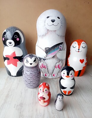 Animal Nesting Dolls for kids Set of 5 hand-painted wooden dolls h-5.3 inch