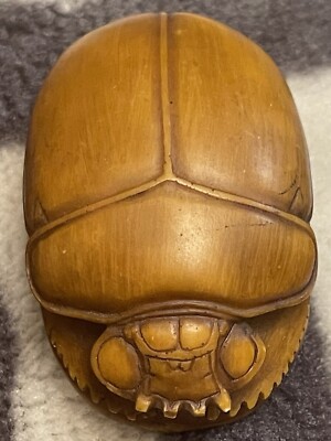 Vtg Egyptian Hand Carved Stone Scarab Beetle with Hieroglyphs Amulet Paperweight
