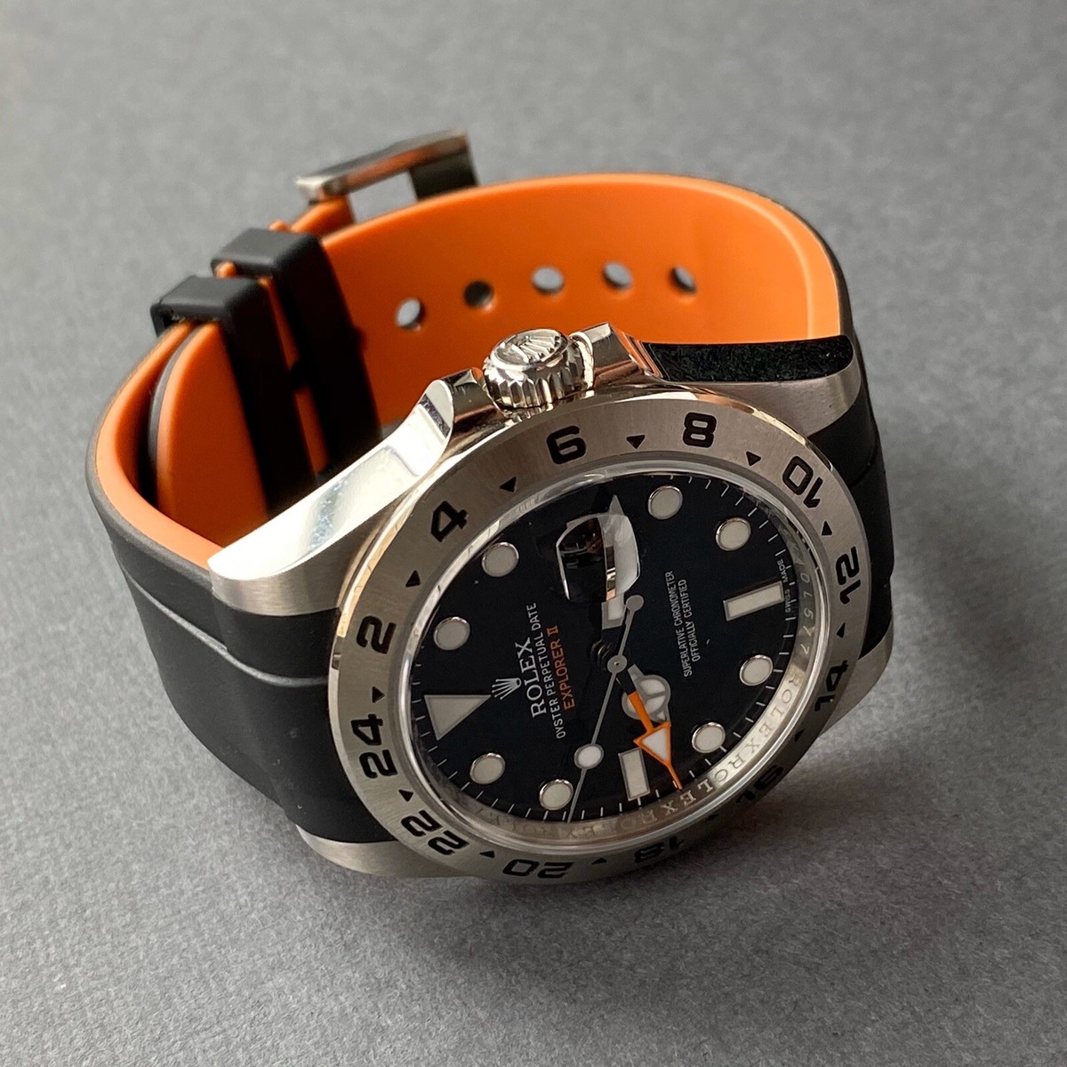 21mm BLACK/ORANGE Vulcanized Rubber Strap Fits 42mm Rolex Explorer