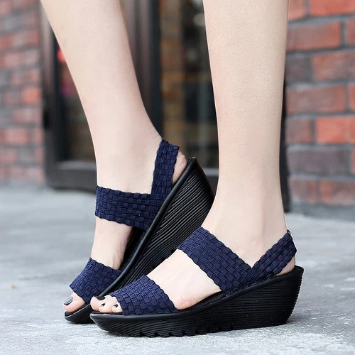 Damen-Sandale Sommer offene Peep Toe gewebt Ruhm Keilabsatz Komfort Mary Jane Schuhe - Bild 5 von 35