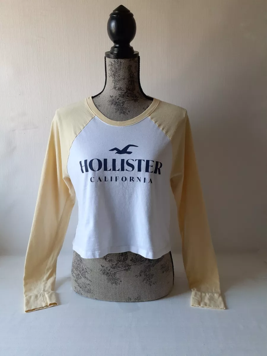 Hollister women's yellow/white long-sleeve cropped t-shirt size XS