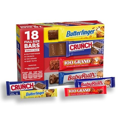 Assorted Butterfinger, Crunch, Baby Ruth, and 100 Grand Full Size Chocolates, 18