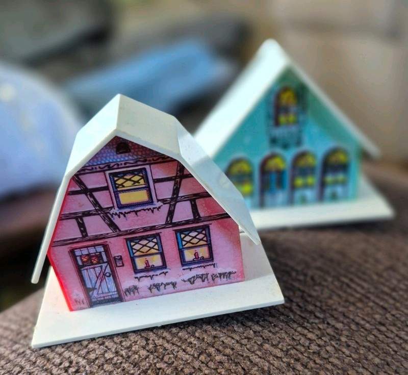 2 older  Vintage  Alpine Village Plastic houses  Christmas  tree lights strings 