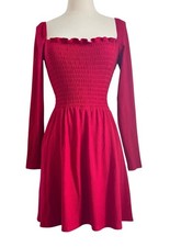 Reformation Jagger Ribbed Smocked Bodice Ruffle Midi Dress SM Long Sleeve Red