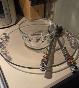 Vtg Adcraft Glass Boho Bowl w/ Applied Stainless Steel Wire Wrapped Beads Vtg