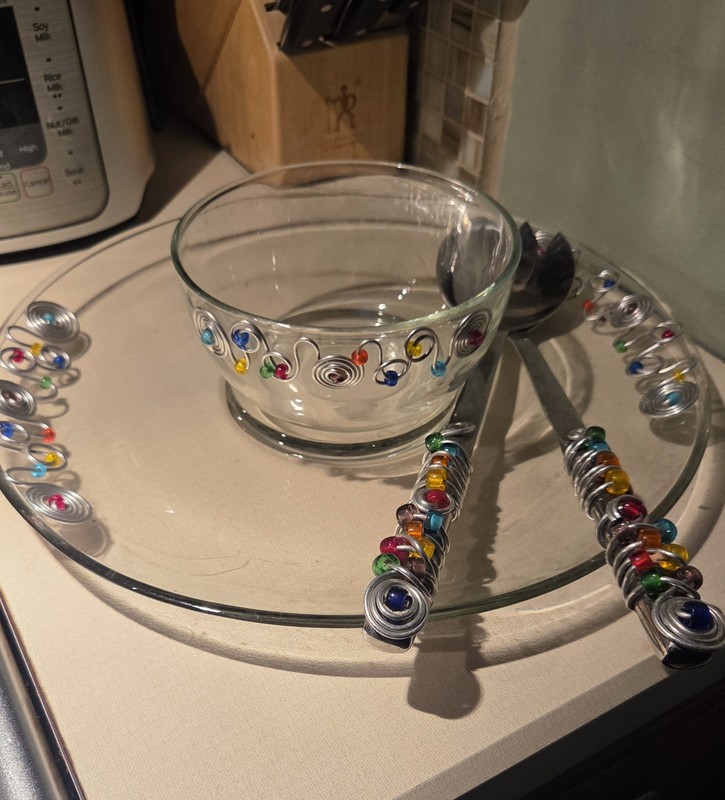 Vtg Adcraft Glass Boho Bowl w/ Applied Stainless Steel Wire Wrapped Beads Vtg