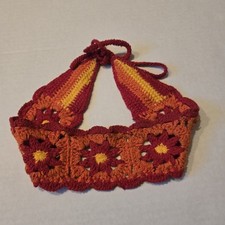 Crochet Knit Head Scarf Bandana Daisy Flower Tie Granny Square Boho Red Orange