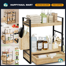 2-Tier Wooden Bathroom Counter Organizer with Drawer  Basket - Vanity Shelf Sto