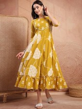 Indian Women Mustard Yellow Cotton Floral Printed A-Line Midi Dress Kurta Kurti