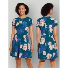 Eliza J Teal Floral Fit & Flare Dress Women's 4 Short Sleeve Pink Blue Knee