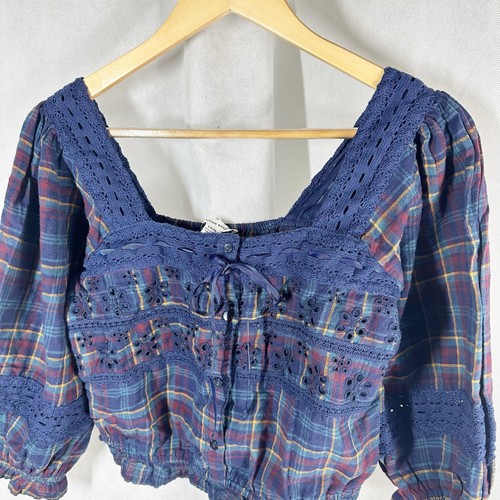 American Eagle Lace Cottagecore Plaid Eyelet Puff-Sleeve Blouse Size Small - Picture 3 of 9