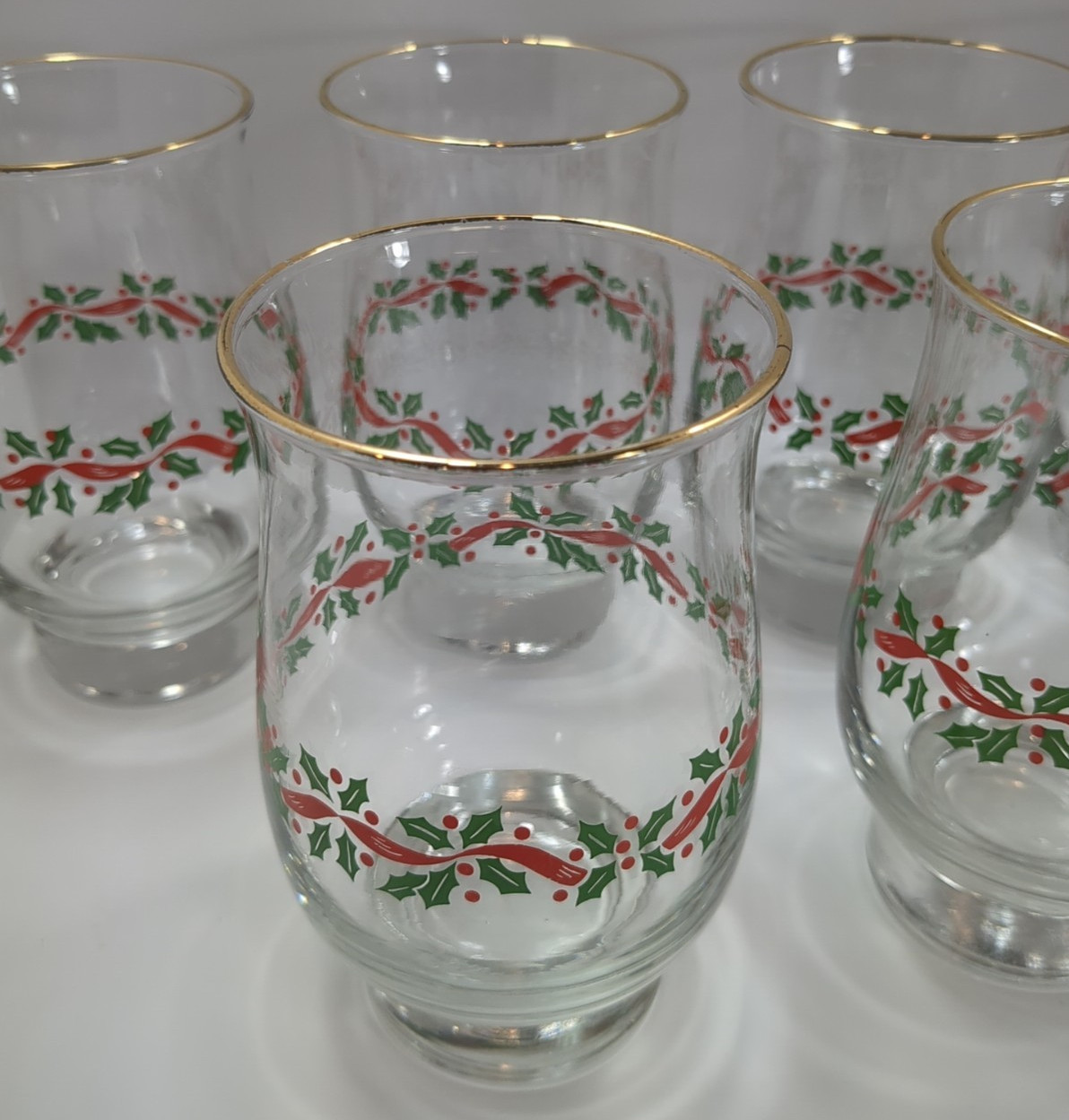6 Libbey Christmas Holly Berry Glass Red Ribbon Tumbler Tulip Gold Rim 14 OZ