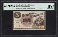 Sweden 5 Kronor 1944 P33aa Uncirculated Grade 67