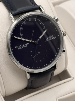 Guanqin Quarz Chronograph Herrenuhr Klassisch Lederarmband Edelstahl Blau Box