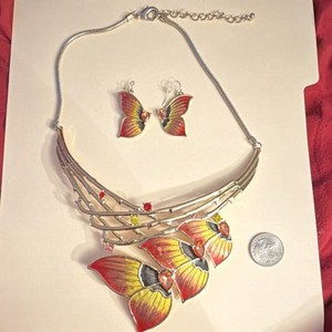 Butterfly Enamel Glass Adjustable Necklace & Earrings Set, Red Yellow Black