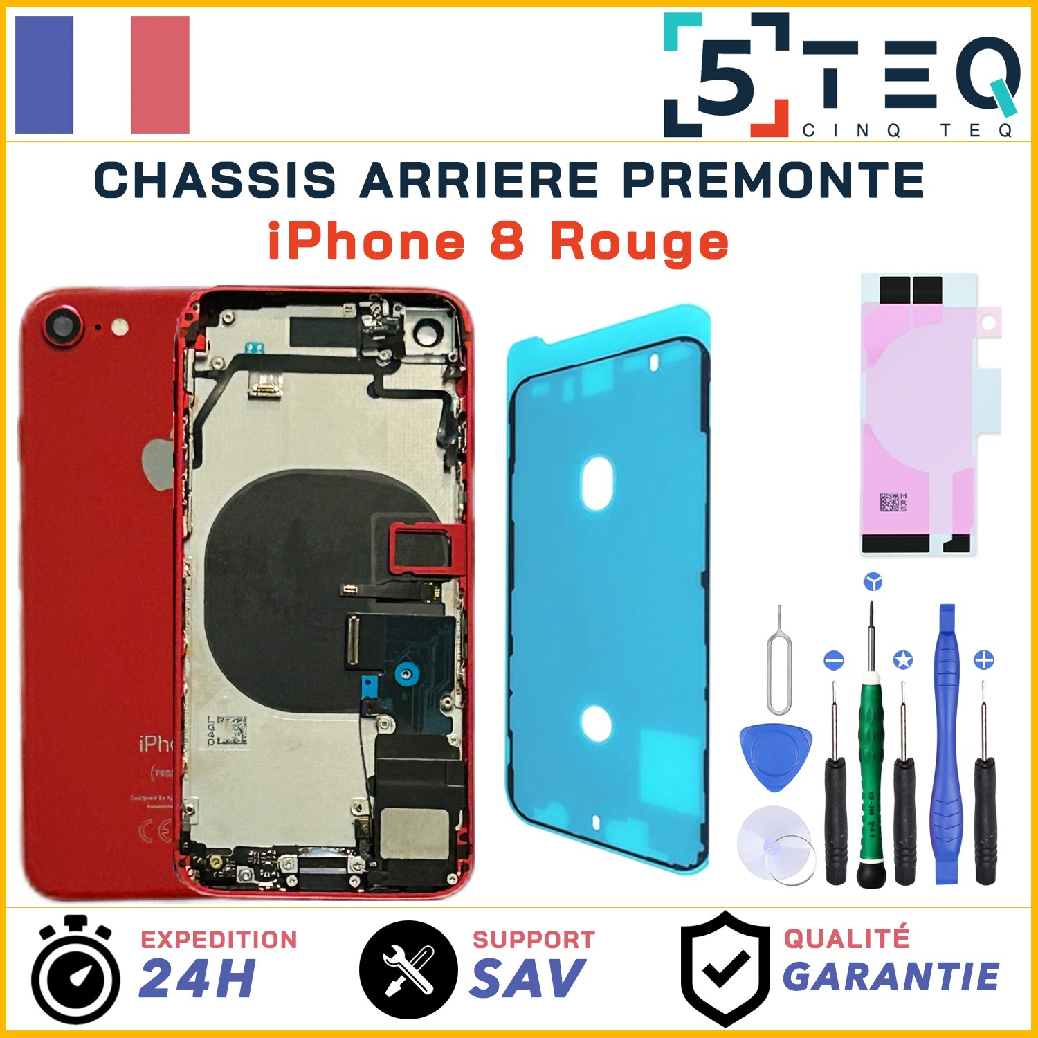 Châssis complet iPhone 8 Rouge coque arrière assemblée avec nfc joint et outils