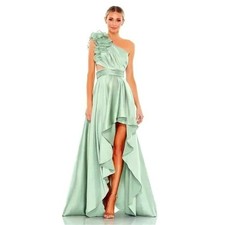 Mac Duggal Sage Green Ruffled One Shoulder Cut Out Hi-Lo Gown Size 4 $298
