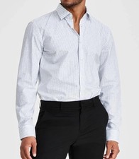 Hugo Boss Men's White/Navy Kenno Slim-Fit Vertical Blue Stripe Dress Shirt 15.5