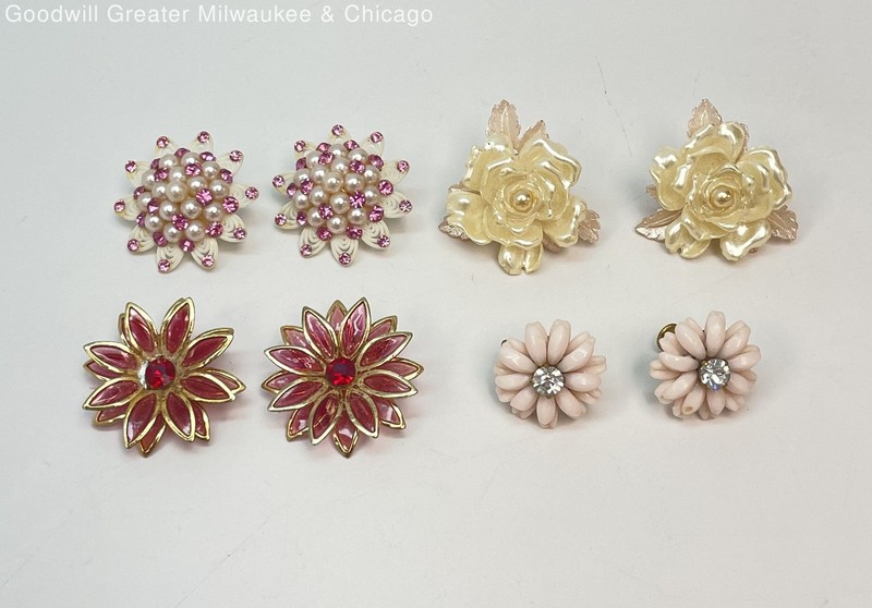 Vintage Faux Pearl Rhinestone Mixed Variety Flower Earring Lot, 34.7g
