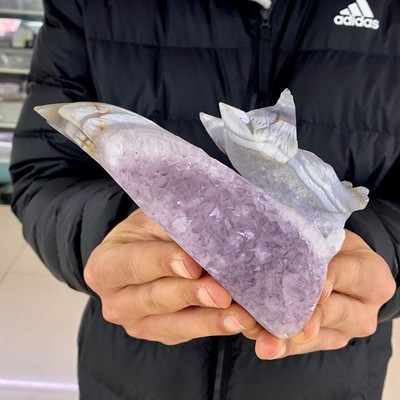 1.1LB Natural Agate Geode Hand Carved Nine-tailed Fox Quartz Crystal Decor