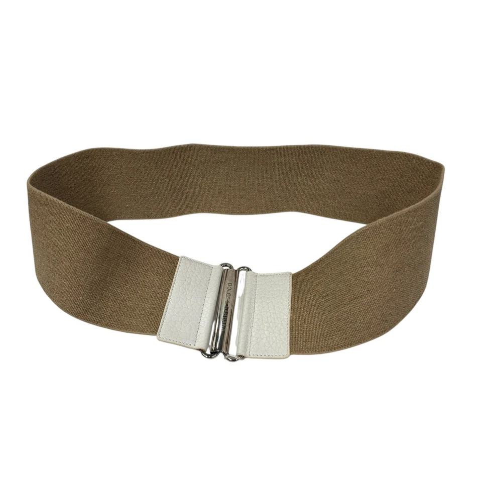 Cinto Dolce & Gabbana bege lona couro branco cintura larga Itália 90cm/36" - Imagem 2 de 4