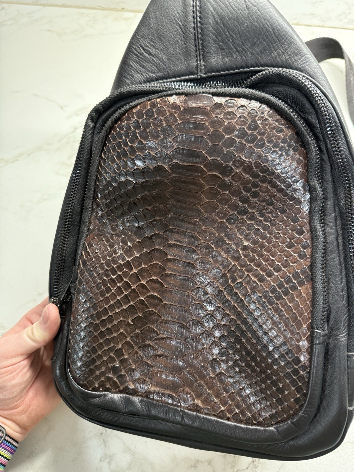 Chest bag Sling Backpack Leather & PYTHON Crossbo… - image 3