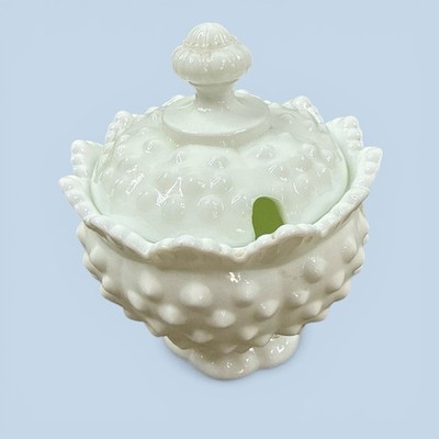 VTG Fenton Hobnail Scalloped Milk Glass Lidded Sugar Bowl Condiment Jam No Spoon