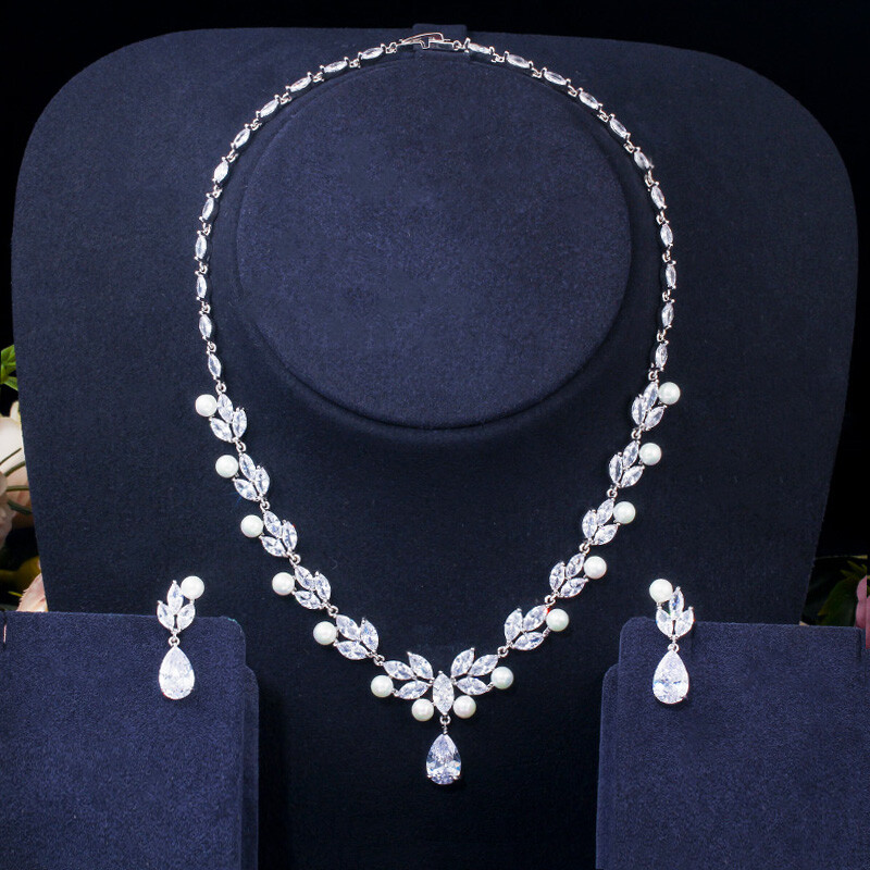 Women Leaf Drop Pearl Earrings Necklace Silver Plated Zircon Wedding Jewelry Set