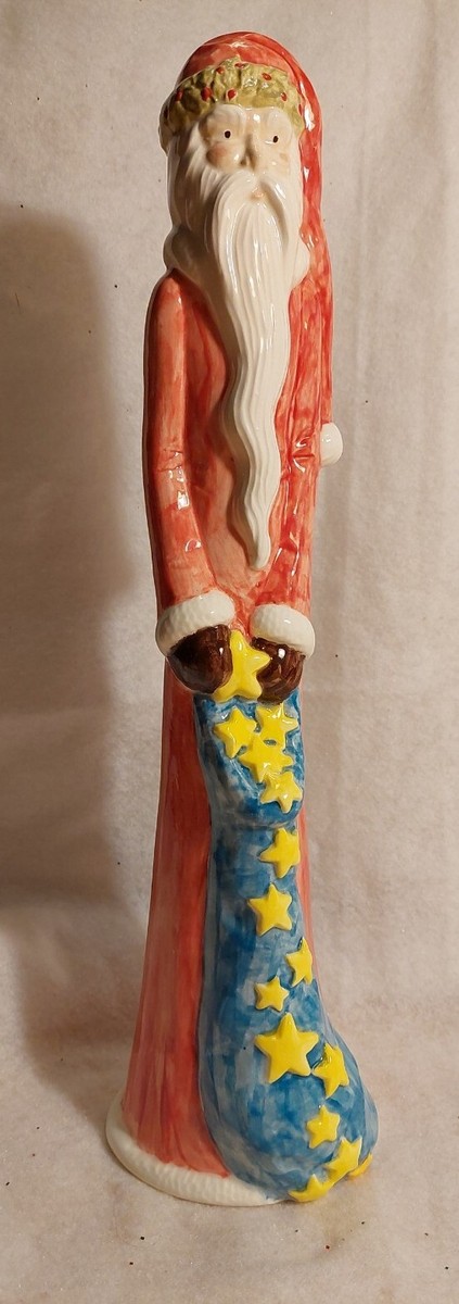 Skinny Pencil Santa w/Night Sky Sack Of Wishing Stars Ceramic