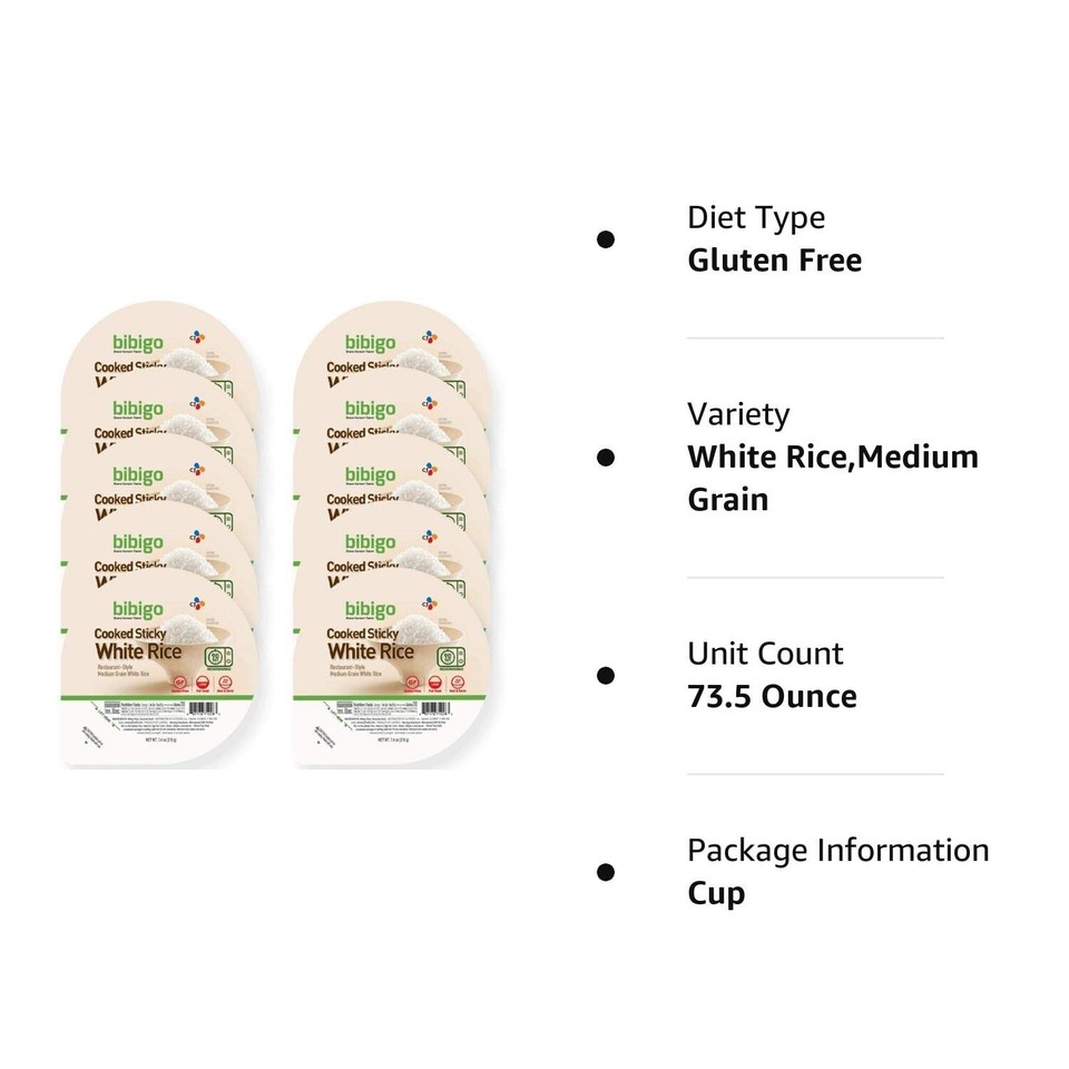 Cooked Sticky White Rice Bowls Medium Grain 7.4 oz, 12 ct Vegan Gluten