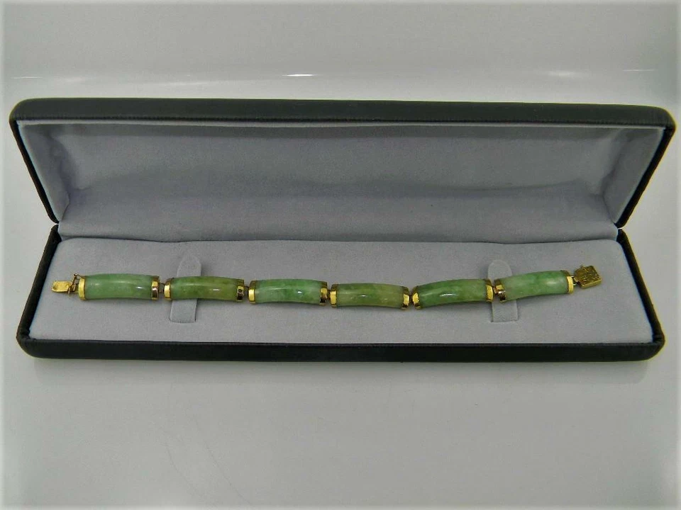 Pulsera vintage de oro amarillo de 14K de 7" con eslabones de jadeíta Birmania verde claro natural Foto 4 de 4