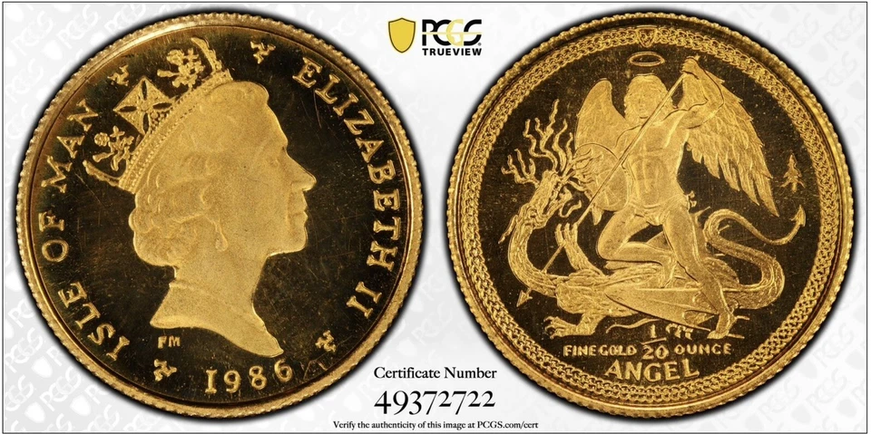 1986 PM Isle Of Man 1/20 Oz Gold Proof Angel Coin • PR67 POP 1 • CHRISTMAS PRIVY - Image 2 of 3