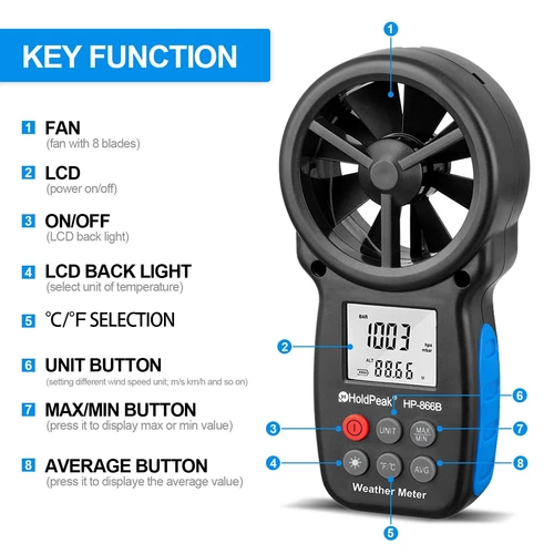 Digital Anemometer Wind Speed Gauge Meter 0.3-30M/s Temperature Wind Chill Test - Picture 3 of 12