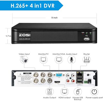 ZOSI 4CH 1080p DVR Recorder 4-in1  Security Surveillance CCTV 2MP Camera System