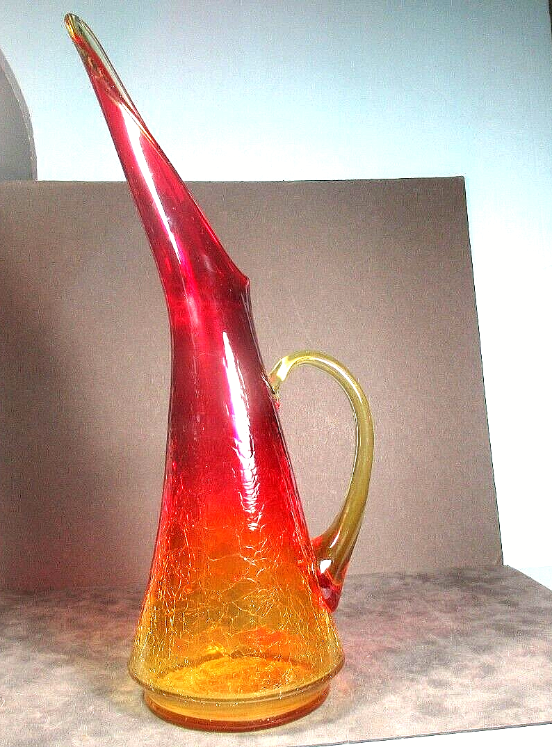 PitcherVase handblown glass yelloworange crackle handle 14" 1lb 13